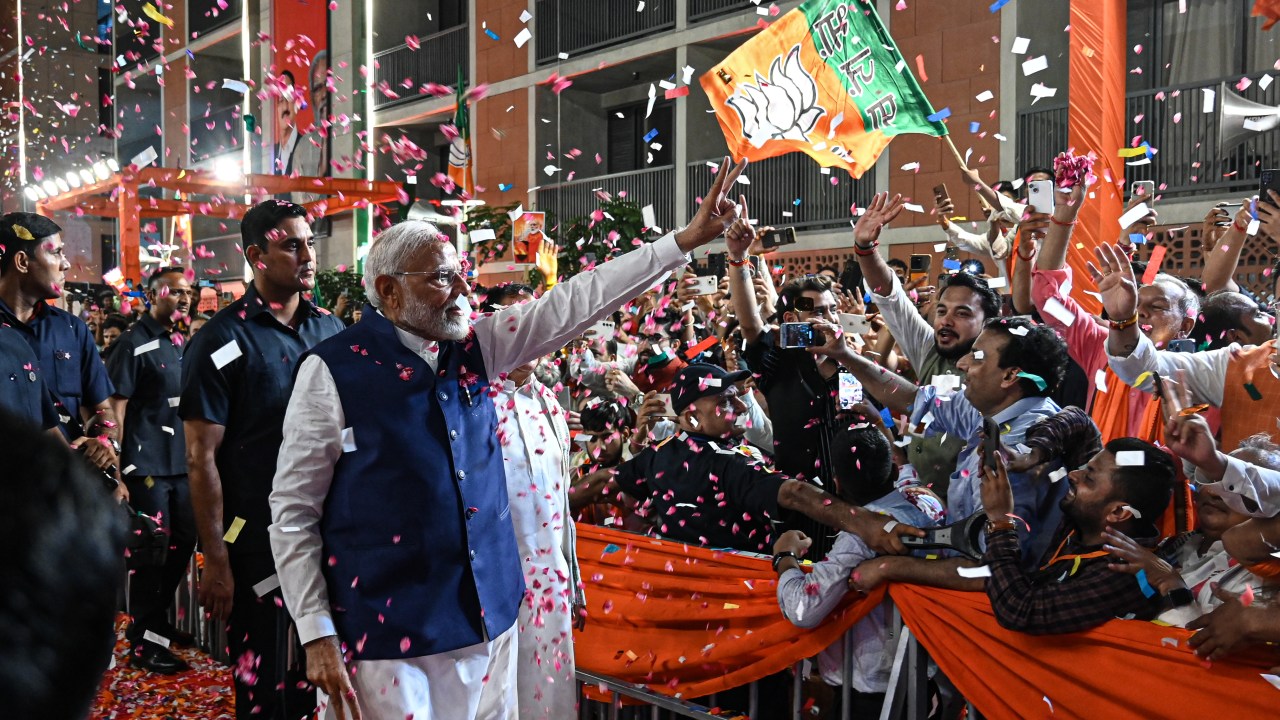 O primeiro-ministro da Índia, Narendra Modi, em evento do Partido Bharatiya Janata (BJP) na noite das eleições gerais, em Nova Delhi. 04/06/2024