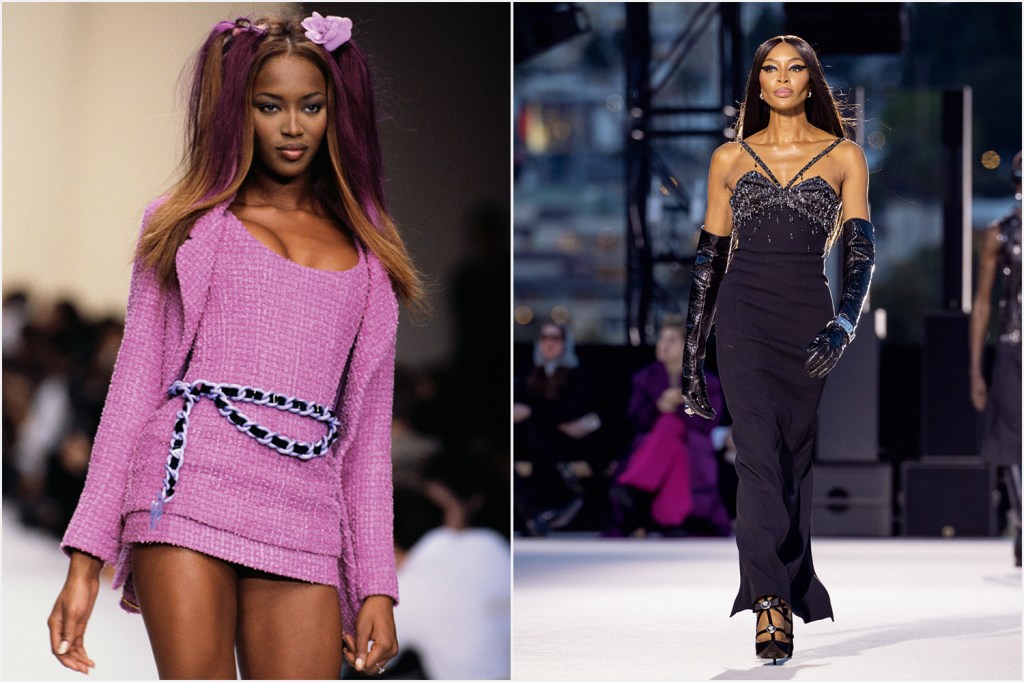 ANOS 1990 - Pioneira: primeira negra a se destacar em desfiles como Chanel (à esq.) e Versace