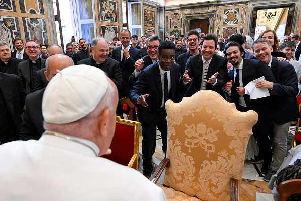 Papa Francisco durante encontro com humoristas de 15 nacionalidades diferentes no Vaticano. 14/06/2024
