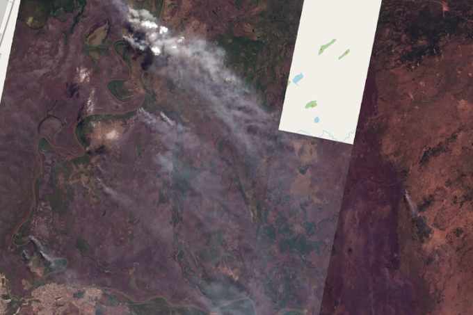Imagem de satélite mostra incêndio no Pantanal, no município de Corumbá (MS)