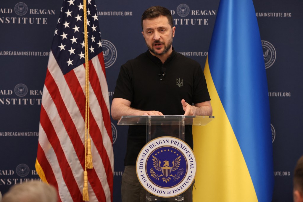 Ukrainian President Volodymyr Zelensky speaks at the Ronald Reagan Presidential Foundation and Institute in Washington, DC, on July 9, 2024. (Photo by SAMUEL CORUM / AFP)