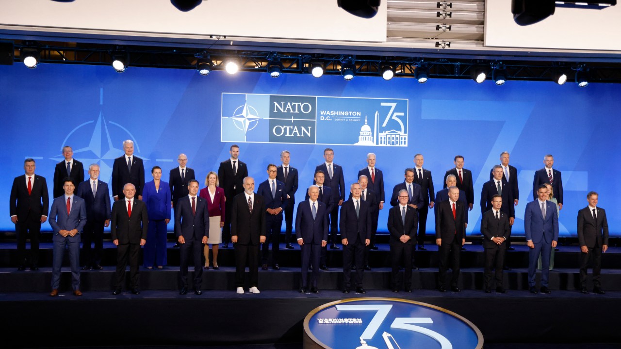 NATO heads of state pose for a family photo during the NATO 75th anniversary summit at the Walter E. Washington Convention Center in Washington, DC, on July 10, 2024. (Photo by Ludovic MARIN / AFP)