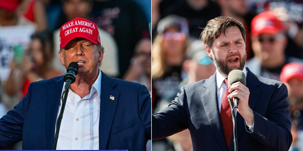 (COMBO) This combination of pictures created on July 15, 2024 shows Former US President and Republican presidential candidate Donald Trump in Doral, Florida, on July 9, 2024 and US Senator JD Vance, Republican of Ohio, in Vandalia, Ohio, on March 16, 2024. Donald Trump on July 15 named right-wing Ohio Senator J.D. Vance as his running mate in the US presidential election, rewarding a one-time harsh critic who became one of his most loyal supporters in Congress. Trump unveiled his pick on Truth Social as supporters gathered in Milwaukee for the Republican Party convention, an extravaganza turbocharged by the attempted assassination of the former president. (Photo by Giorgio Viera and KAMIL KRZACZYNSKI / AFP)