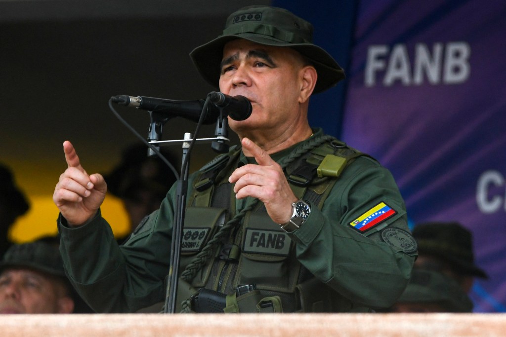 Venezuela's Defense Minister Vladimir Padrino delivers a message during an event to distribute electoral material to the different voting centers at Fuerte Tiuna in Caracas on July 24, 2024. Venezuela will hold presidential elections on July 28, 2024. (Photo by STRINGER / AFP)