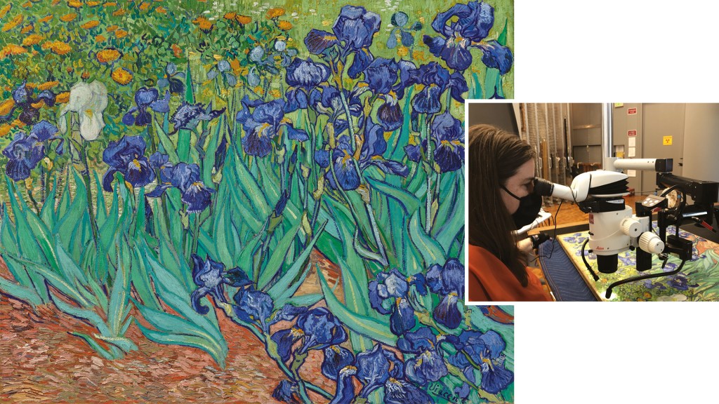 AS ÍRIS - A análise do quadro (à esq.) de Van Gogh revelou que as flores originais eram de outra cor e detectou surpresas como pólen misturado à tinta. À direita, a cientista americana Catherine Patterson examina as pinceladas do mestre com microscópio