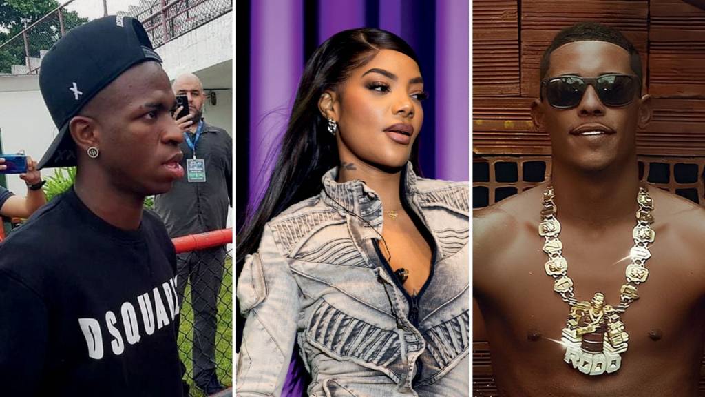 43789493 CLIENTELA - Vini Jr., Ludmilla e MC Poze (à dir.): peças de ouro e diamantes que podem pesar 3 quilos