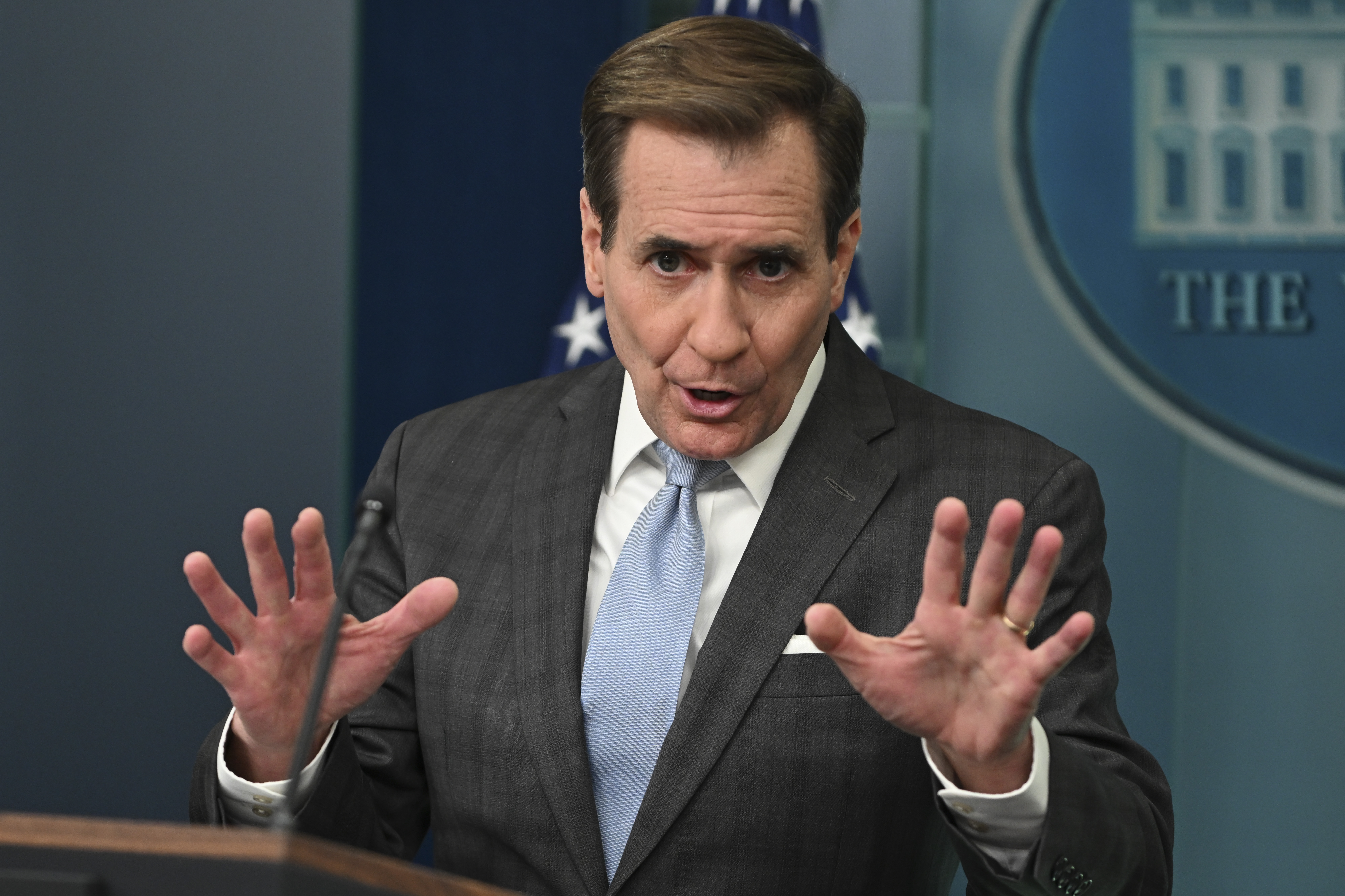 , the Coordinator for Strategic Communications at the National Security Council in the White House speaks during a press briefing at the White House on February 27, 2024 in Washington, DC. Earlier, the President met with the four Congressional leaders at the White House; (Photo by Roberto Schmidt/Getty Images)