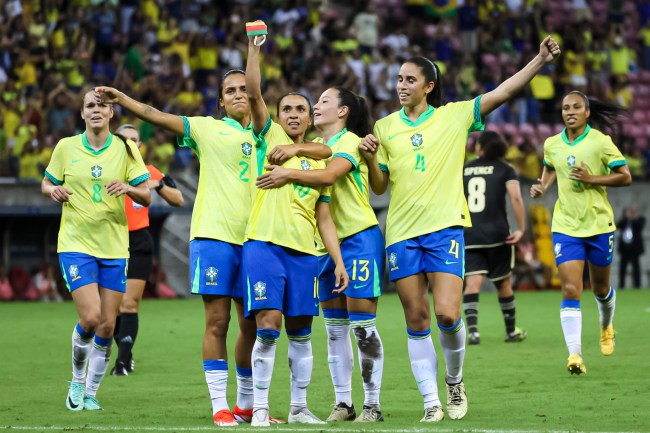 RECIFE, BRAZIL - JUNE 1: Marta Vieira of Brazil (C) celebrating her goal with her teammates during the Women’s International Friendly match between Brazil and Jamaica at Arena Pernambuco on June 1, 2024 in Recife, Brazil. (Photo by Chico Peixoto/Eurasia Sport Images/Getty Images)