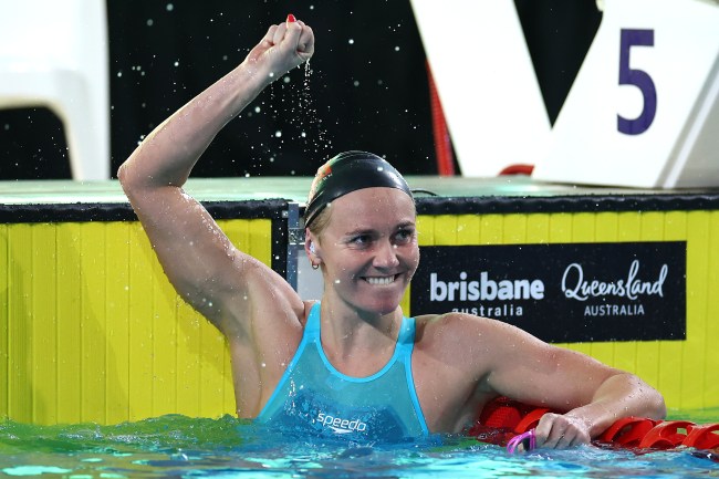 BRISBANE, AUSTRALIA - JUNE 12: Ariarne Titmus of Queensland celebrates winning the Women’s 200m Freestyle Final in a new world record time of 1:52.23 during the 2024 Australian Swimming Trials at Brisbane Aquatic Centre on June 12, 2024 in Brisbane, Australia. (Photo byQuinn Rooney/Getty Images)