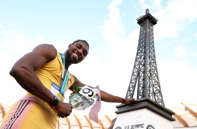 EUGENE, OREGON - JUNE 29: Gold medalist Noah Lyles poses with a miniature Eiffel Tower after winning the men's 200 meter final on Day Nine of the 2024 U.S. Olympic Team Track & Field Trials at Hayward Field on June 29, 2024 in Eugene, Oregon. (Photo by Christian Petersen/Getty Images)