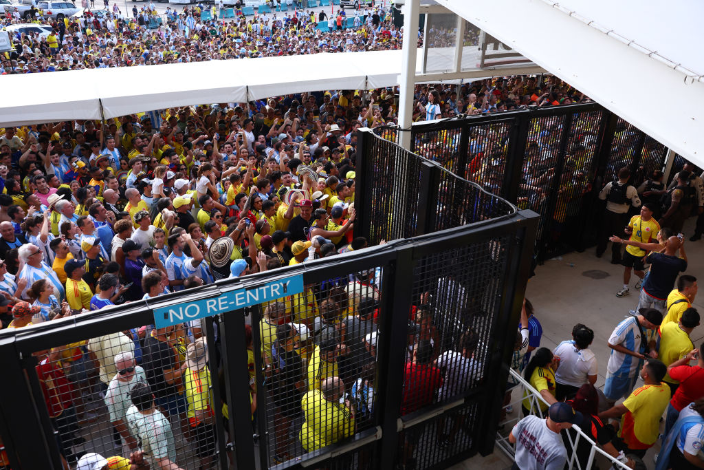 MIAMI GARDENS, FLORIDA - JULY 14: Fans wait outside the stadium prior to the CONMEBOL Copa America 2024 Final match between Argentina and Colombia at Hard Rock Stadium on July 14, 2024 in Miami Gardens, Florida. (Photo by Maddie Meyer/Getty Images)