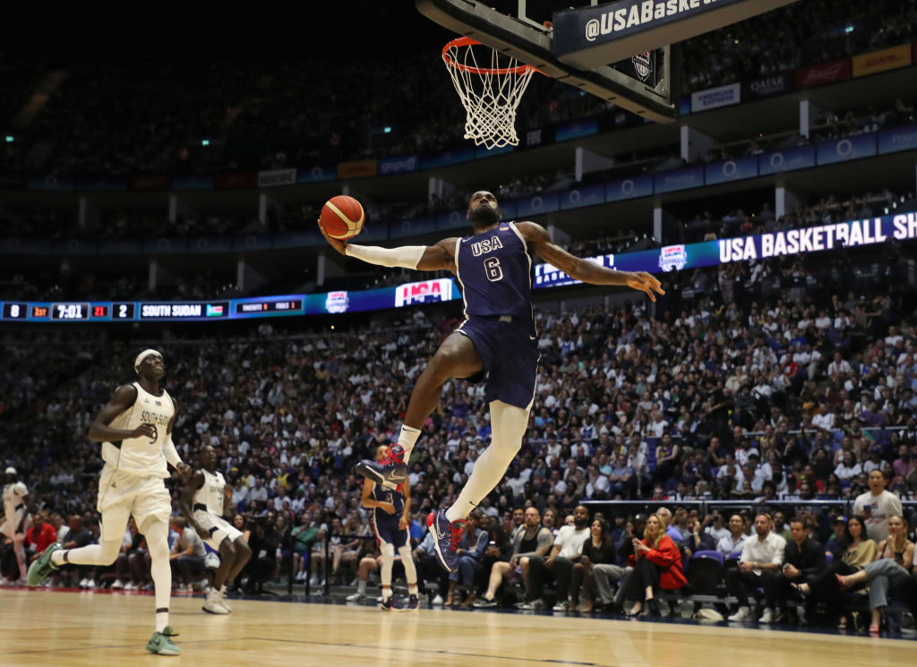 LONDON, ENGLAND - JULY 20: LeBron James of USA scores a basket during the 2024 USA Basketball Showcase match between USA and South Sudan at The O2 Arena on July 20, 2024 in London, England. (Photo by Henry Browne/Getty Images)