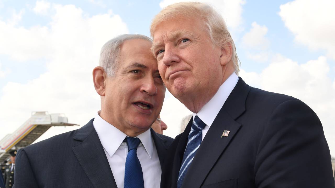 JERUSALEM, ISRAEL - MAY 23: (ISRAEL OUT) In this handout photo provided by the Israel Government Press Office (GPO), Israeli Prime Minister Benjamin Netanyahu speaks with US President Donald Trump prior to the President's departure from Ben Gurion International Airport in Tel Aviv on May 23, 2017 in Jerusalem, Israel. Trump arrived for a 28-hour visit to Israel and the Palestinian Authority areas on his first foreign trip since taking office in January. (Photo by Kobi Gideon/GPO via Getty Images)