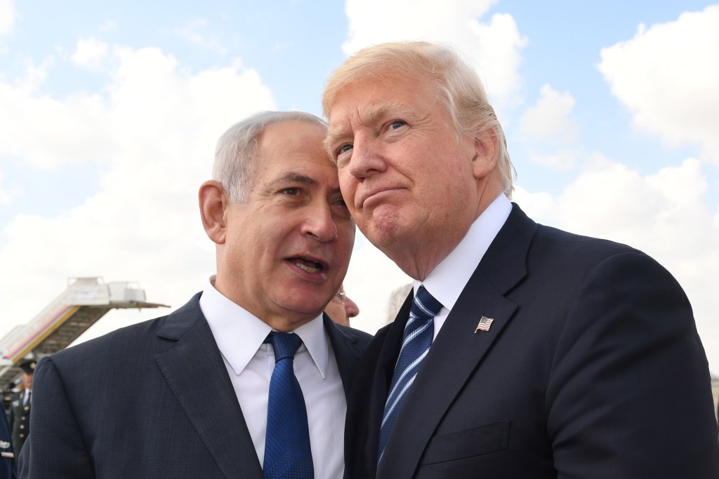 JERUSALEM, ISRAEL - MAY 23: (ISRAEL OUT) In this handout photo provided by the Israel Government Press Office (GPO), Israeli Prime Minister Benjamin Netanyahu speaks with US President Donald Trump prior to the President's departure from Ben Gurion International Airport in Tel Aviv on May 23, 2017 in Jerusalem, Israel. Trump arrived for a 28-hour visit to Israel and the Palestinian Authority areas on his first foreign trip since taking office in January. (Photo by Kobi Gideon/GPO via Getty Images)