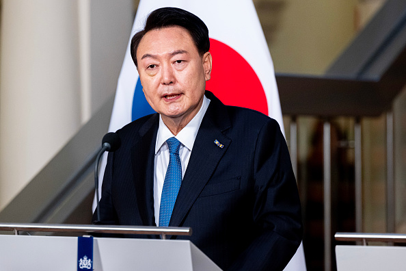 Presidente da Coreia do Sul, durante uma coletiva de imprensa em Haia, Holanda. 13/12/2023