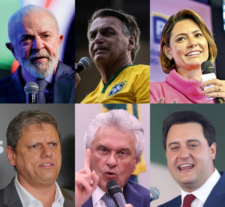 O presidente da República, Luiz Inácio Lula da Silva (PT); o ex-presidente Jair Bolsonaro (PL); a ex-primeira-dama Michelle Bolsonaro (PL); o governador de São Paulo, Tarcísio de Freitas (Republicanos); o governador de Goiás, Ronaldo Caiado (União); e o governador do Paraná, Ratinho Júnior (PSD)