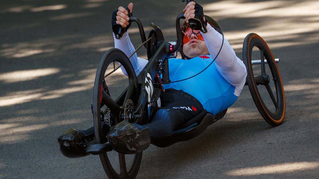 SANTIAGO, CHILE - NOVEMBER 19: Charles Moreau of team Canada competes on Road Cycling - C1-5 at Isla de Maipo on Day 3 of Santiago 2023 Para Pan American Games November 19, 2023 in Santiago, Chile. (Photo by Oscar Muñoz Badilla/Getty Images)