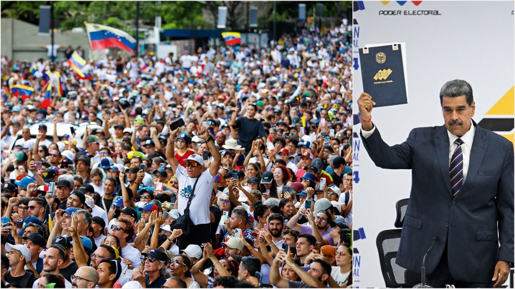 NÃO À FRAUDE - Manifestação contra o governo: ninguém confia em um resultado que só Maduro (à dir.) viu