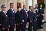 President Donald Trump and Ukrainian President Volodymyr Zelensky pose for a picture with European leaders following a meeting in the Oval Office at the White House on August 18, 2025 in Washington, DC. From Left to right are British Prime Minister Keir Starmer, Finnish President Alexander Stubb, Ukrainian President Volodymyr Zelensky, U.S. President Donald Trump, French President Emmanuel Macron, Italian Prime Minister Giorgia Meloni, German Chancellor Friedrich Merz, and NATO Secretary-General Mark Rutte. President Trump hosted President Zelensky at the White Hous