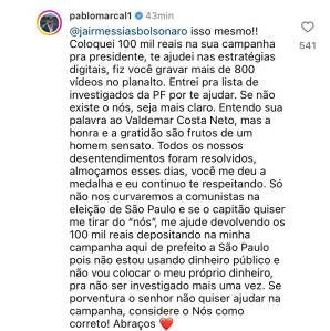 Marçal rebate Bolsonaro no Instagram