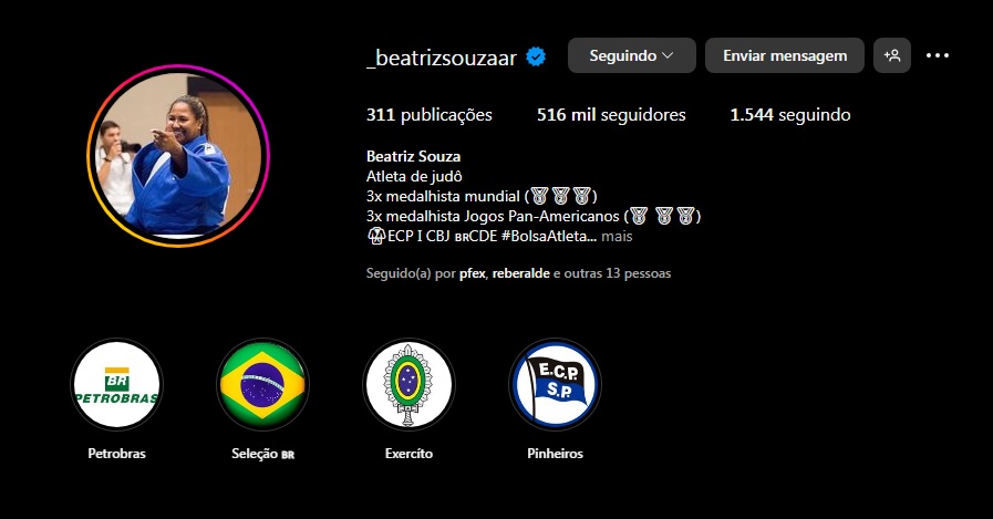 Perfil de Beatriz Souza no Instagram explode após medalha de ouro