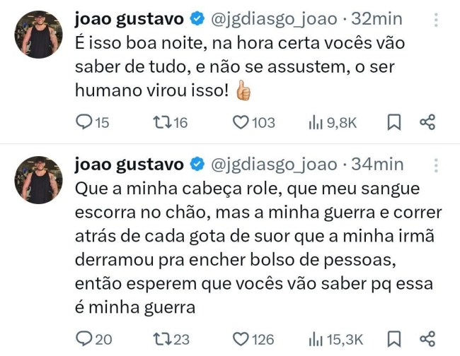 Postagens de João Gustavo, irmão de Marília Mendonça