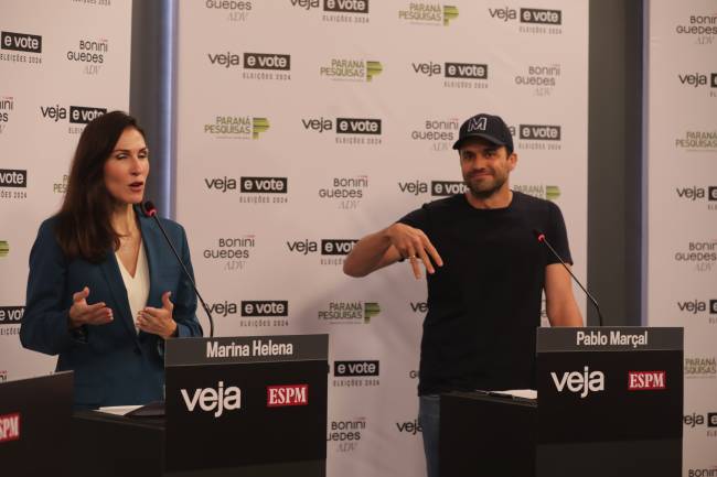 Marina Helena (NOVO) e Pablo Marçal (PRTB), candidatos à prefeitura de São Paulo, durante debate promovido por VEJA