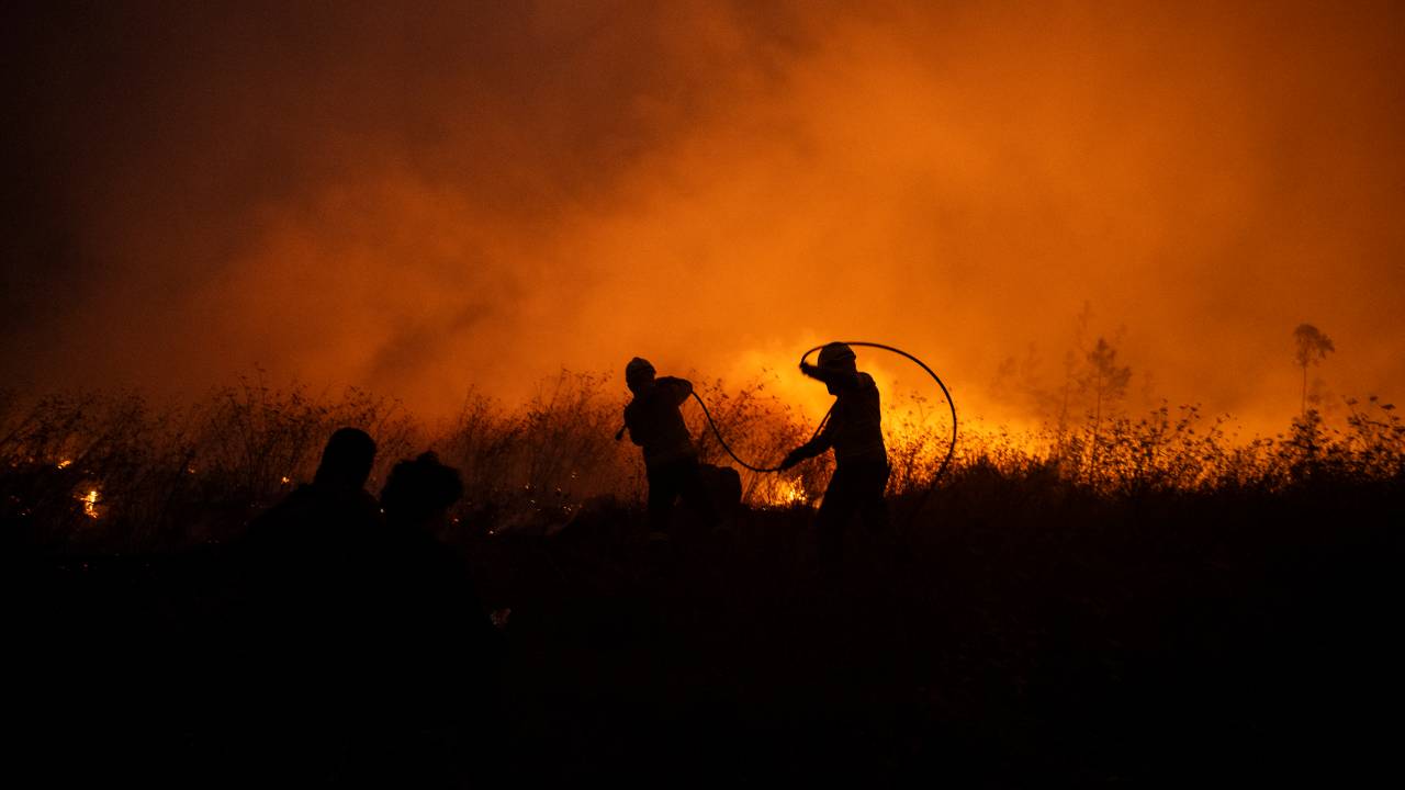 Silhouettes of firefighters tackling a wildfire are pictured at Veiga village in Agueda, Aveiro on September 17, 2024. Thousands of firefighters battled wildfires in Portugal that have killed seven people and burnt more land in a matter of days than the rest of the summer combined. Raging since the weekend before worsening on September 16, the blazes have also left at least 40 people injured, including 33 firefighters, according to the latest figures from the authorities. Scientists say that fossil fuel emissions are worsening the length, frequency and intensity of heatwaves across the world. The rising temperatures are leading to longer wildfire seasons and increasing the area burnt in the flames, according to the United Nations Intergovernmental Panel on Climate Change. (Photo by Patricia DE MELO MOREIRA / AFP)