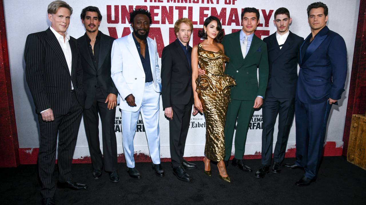 Cary Elwes, Henrique Zaga, Babs Olusanmokun, Jerry Bruckheimer, Eiza González, Henry Golding, Hero Fiennes Tiffin and Henry Cavill at the New York premiere of "The Ministry of Ungentlemanly Warfare" held at AMC Lincoln Square on April 15, 2024 in New York City. (Photo by Kristina Bumphrey/Variety via Getty Images)