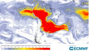 Modelo do sistema Copernicus, da União Europeia, mostra dispersão de fuligem de queimadas sobre o Sul, Sudeste, Centro-Oeste e Norte do Brasil