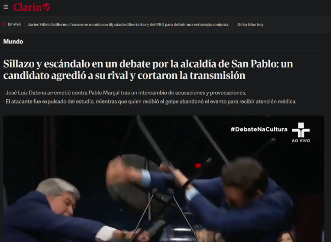 Reportagem do El Clarín: 'Cadeirada e escândalo em um debate pela prefeitura de São Paulo: um candidato agrediu seu rival e cortaram a transmissão'