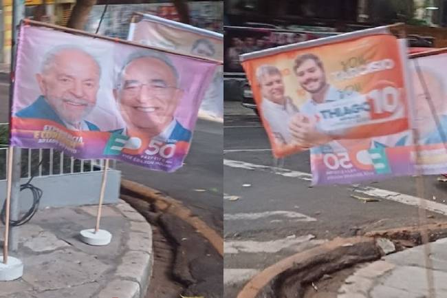 Peças de campanha pela Prefeitura de Belém do atual prefeito, Edmilson Rodrigues (PSOL), e do candidato do Republicanos, Thiago Araújo, usam imagens do presidente Lula e do goverandor de São Paulo, Tarcísio de Freitas, respectivamente