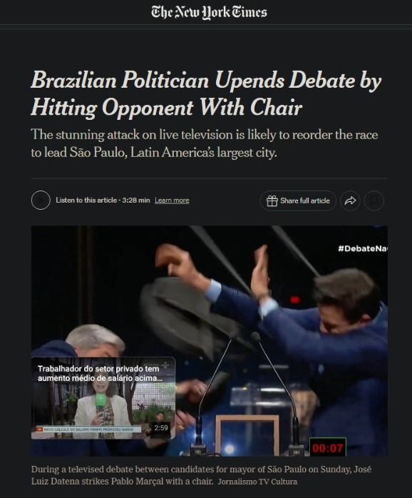 Reportagem do New York Times: 'Político brasileiro tumultua debate ao acertar oponente com cadeira'