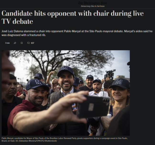 Reportagem do Washington Post: 'Candidato atinge oponente com cadeira durante debate ao vivo na TV'