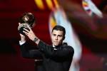 Manchester City's Spanish midfielder Rodri receives the Ballon d'Or award during the 2024 Ballon d'Or France Football award ceremony at the Theatre du Chatelet in Paris on October 28, 2024. (Photo by FRANCK FIFE / AFP)