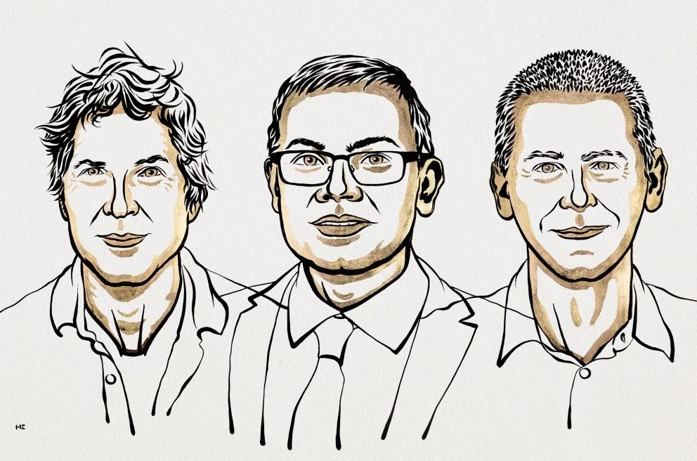 Da esquerda para a direita, David Baker, Demis Hassabis e John Jumper.