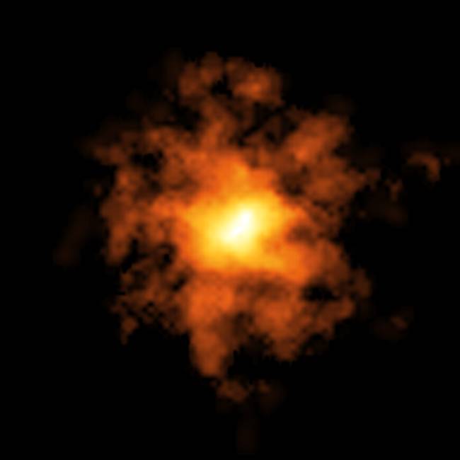 This image of the galaxy REBELS-25 was taken by the Atacama Large Millimeter/submillimeter Array (ALMA), an international facility co-owned by ESO. It shows how cold gas is distributed in the galaxy, and exhibits hints of an elongated bar structure at its centre.