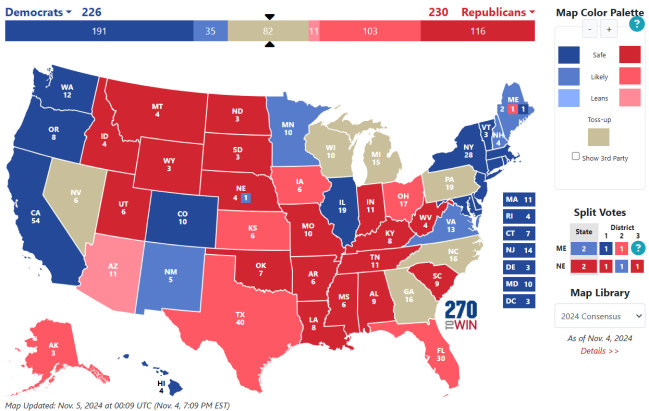 No mapa das eleições nos EUA, os estados pintados de vermelho provavelmente terão uma vitória de Donald Trump e os azuis, de Kamala Harris. Os estados em cinza estão em disputa. -