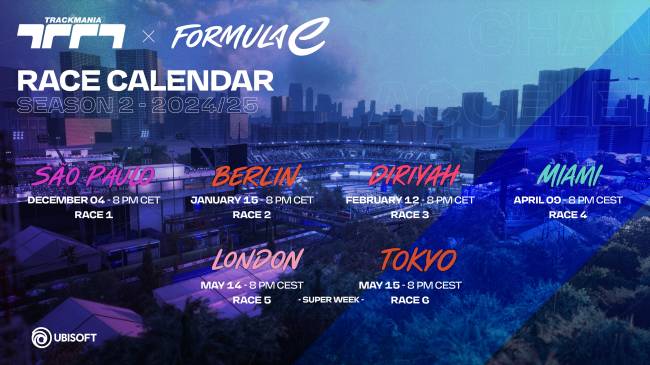 Calendário da competição de Fórmula E no jogo Trackmania, da Ubisoft -