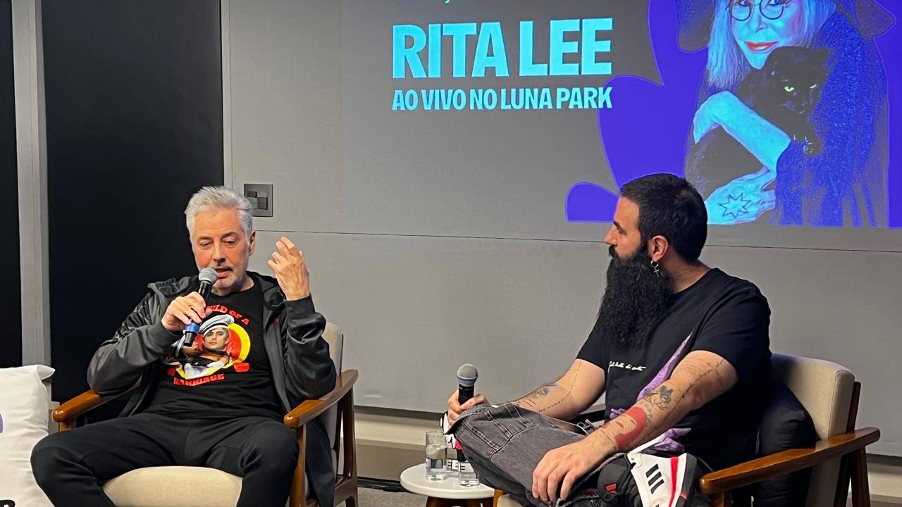 Roberto de Carvalho e Guilherme Samora em evento de lançamento do novo disco de Rita Lee