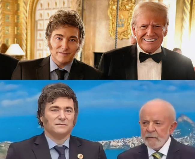 Milei compartilha montagem que compara encontros com Lula e Donald Trump