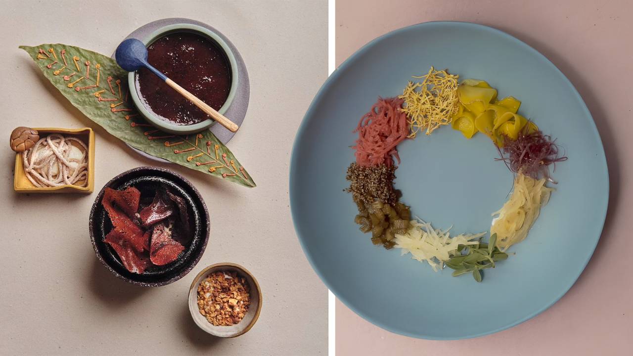 INGREDIENTES - Sobremesa de cacau, mocambo e cupuaçu (à esq.) e o prato chamado ”muitos tubérculos”: criatividade