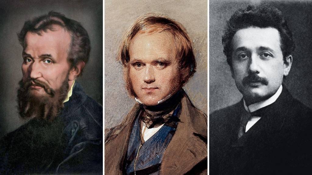 473798543798523 COMEÇANDO CEDO - Michelangelo, Darwin e Einstein (da esq. para a dir.): em sua área e em seu tempo, todos eles revelaram precocemente traços de genialidade e, incansáveis perfeccionistas, deixaram legados à humanidade
