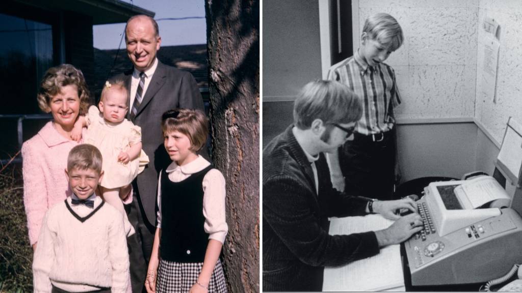 6436536 TÚNEL DO TEMPO - Gates (à frente) com os pais e irmãs em 1965 e, cinco anos depois, observando Paul Allen na escola (acima): a cabeça estava nos códigos