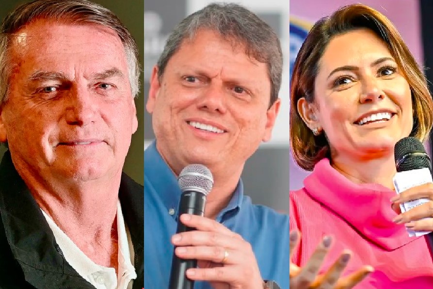 O ex-presidente Jair Bolsonaro, o governador Tarcísio de Freitas e a ex-primeira-dama Michelle Bolsonaro: adversários difíceis para Lula em um eventual segundo turno