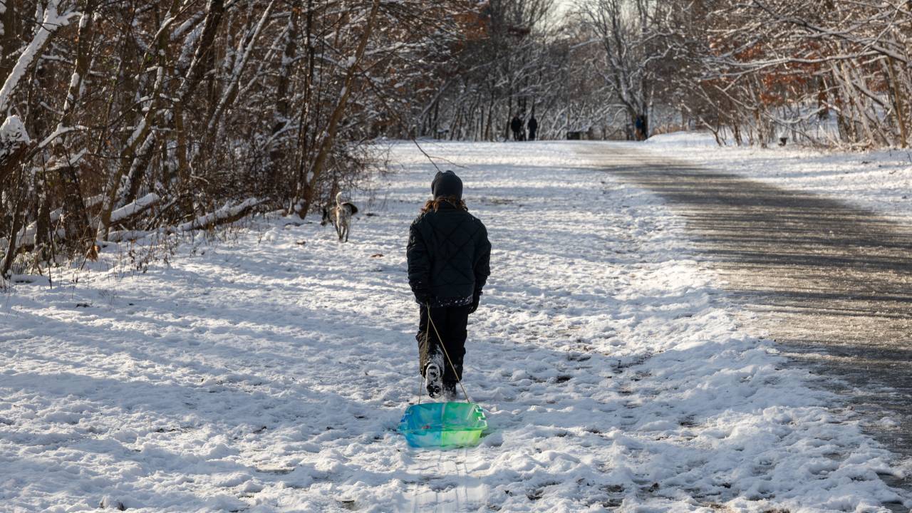 Crianças andam de trenó em uma manhã de neve no Prospect Park, no Brooklyn, em Nova York. 21/12/2024