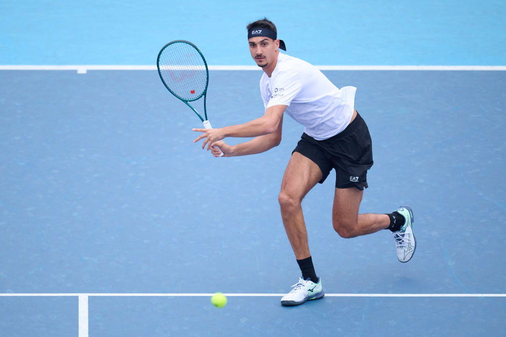 HONG KONG, CHINA - JANUARY 01: Lorenzo Sonego of Italy competes in the Men's Singles Round of 16 match against Cameron Norrie of Great Britain on day 4 of 2025 ATP Hong Kong Tennis Open at Victoria Park Tennis Stadium on January 1, 2025 in Hong Kong, China. (Photo by Li Jianyi/VCG via Getty Images)