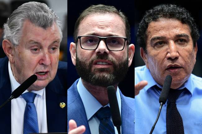 Os senadores Luis Carlos Heinze (PP-RS), Jorge Seif (PL-SC) e Magno Malta (PL-ES)