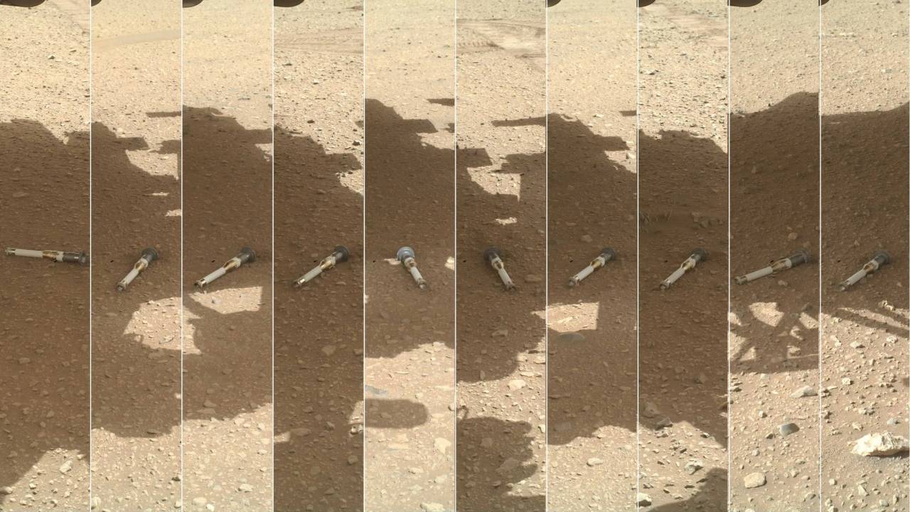 Esta fotomontagem mostra tubos contendo amostras de Marte, coletadas pelo rover Perseverance Mars da Nasa -
