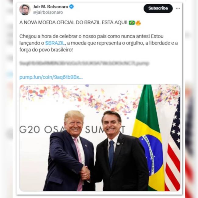 Publicação excluída do perfil de Jair Bolsonaro no X, supostamente anunciando uma criptomoeda própria